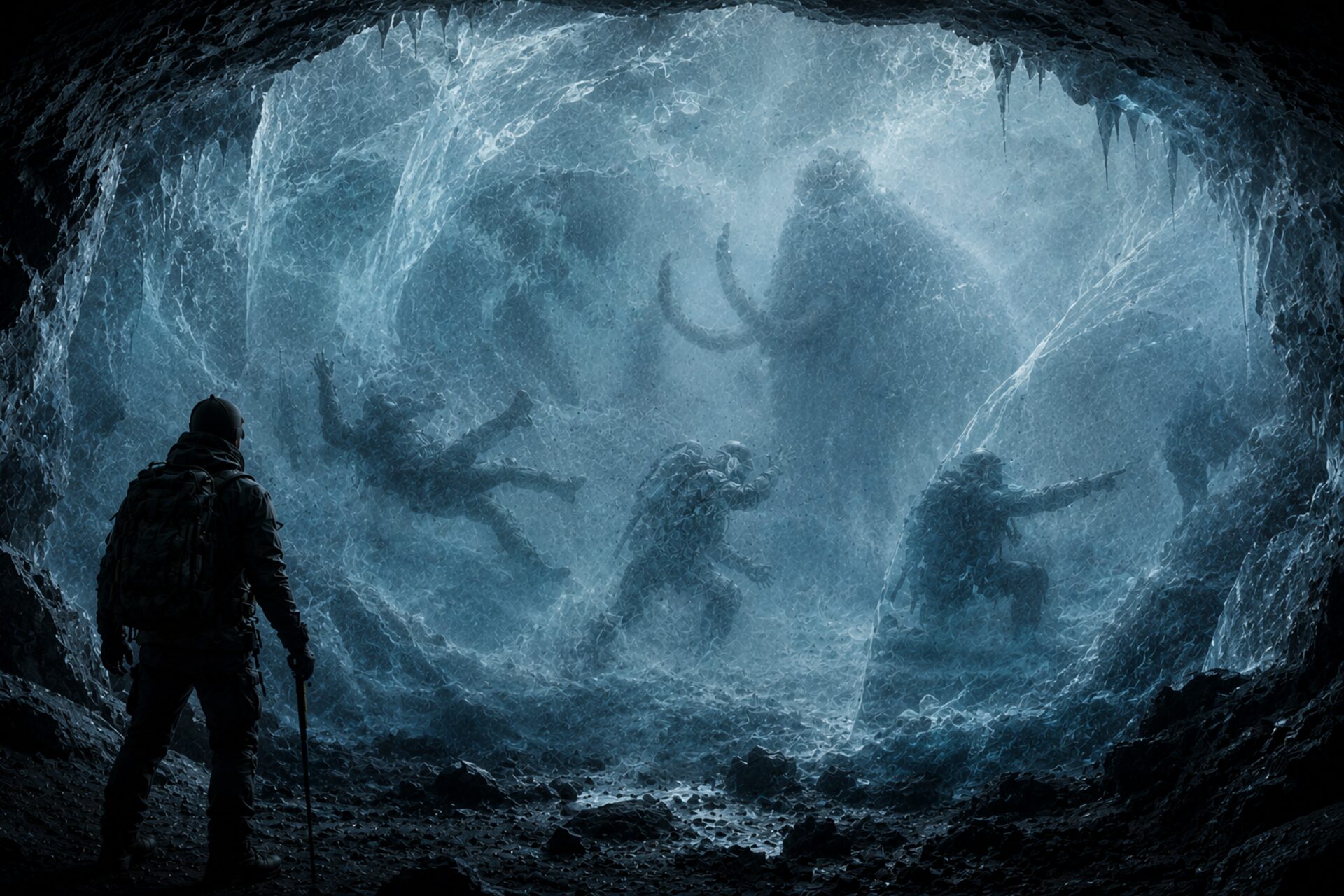 Grotte de glace, silhouettes figées dans la paroi