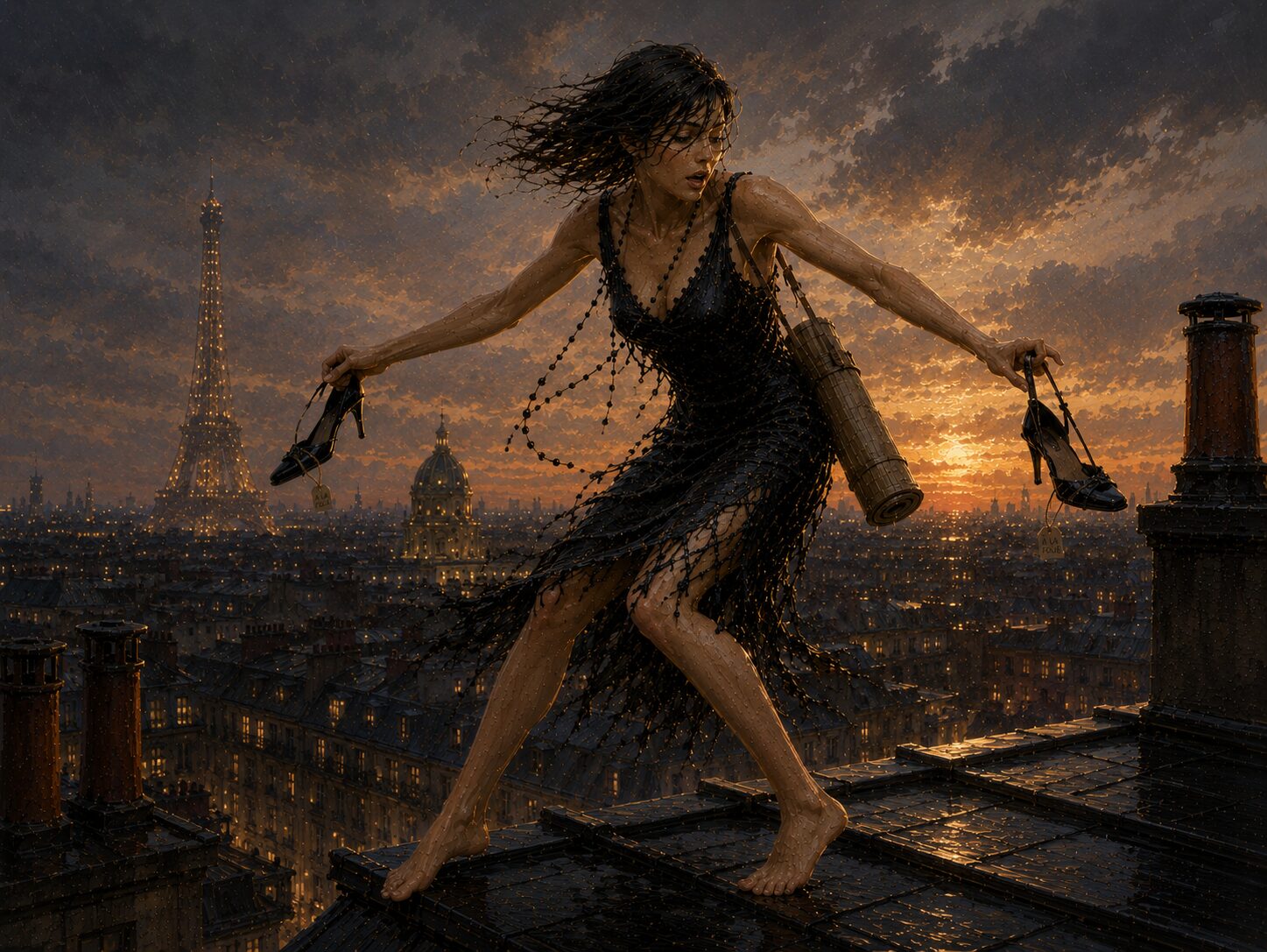 Femme courant sur les toits de Paris au crépuscule
