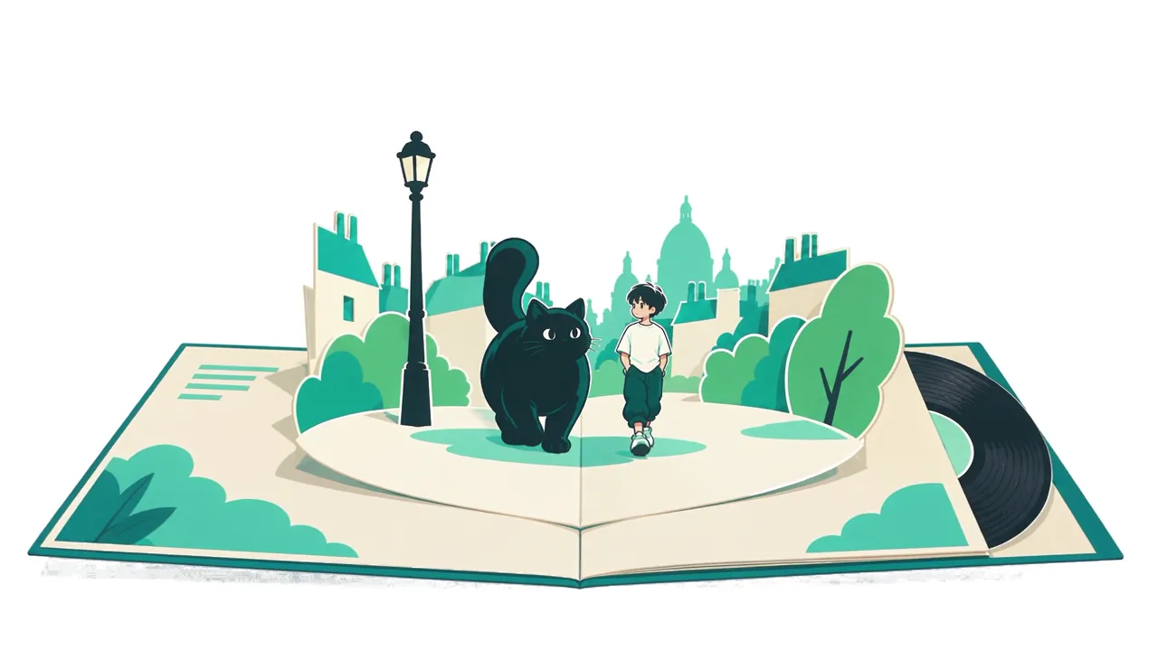 A small illustrated world with a boy and a black cat rises from an open pop-up book