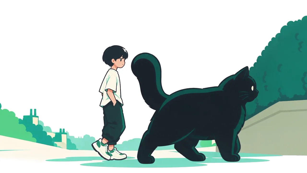 A boy and a big black cat walk side by side through a green illustrated park