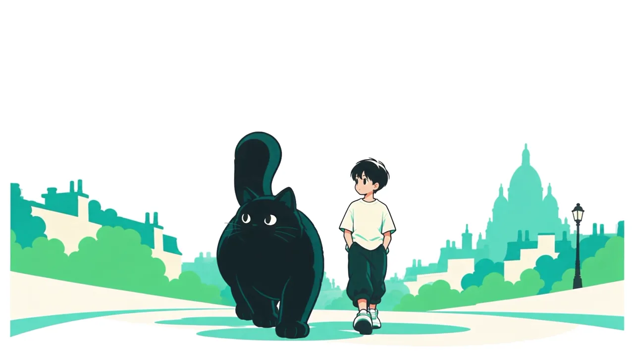 The boy and the cat face us, a small illustrated city behind them
