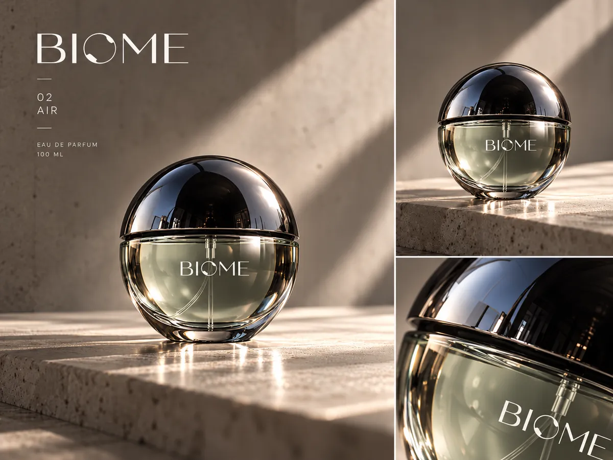 BIOME 02 AIR: a spherical glass bottle on warm stone