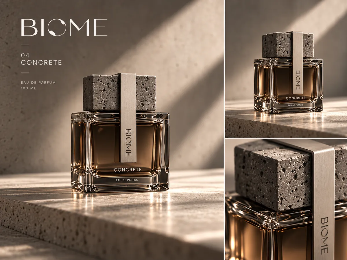 BIOME 04 CONCRETE: a glass and stone cube bottle on warm stone