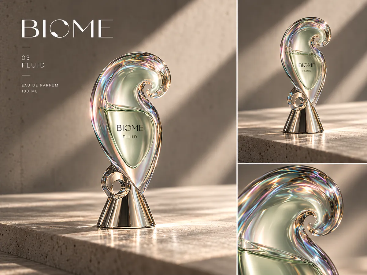BIOME 03 FLUID: an iridescent organic bottle on warm stone