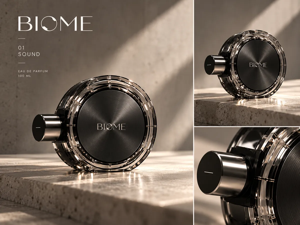 BIOME 01 SOUND: a black disc-shaped bottle on warm stone
