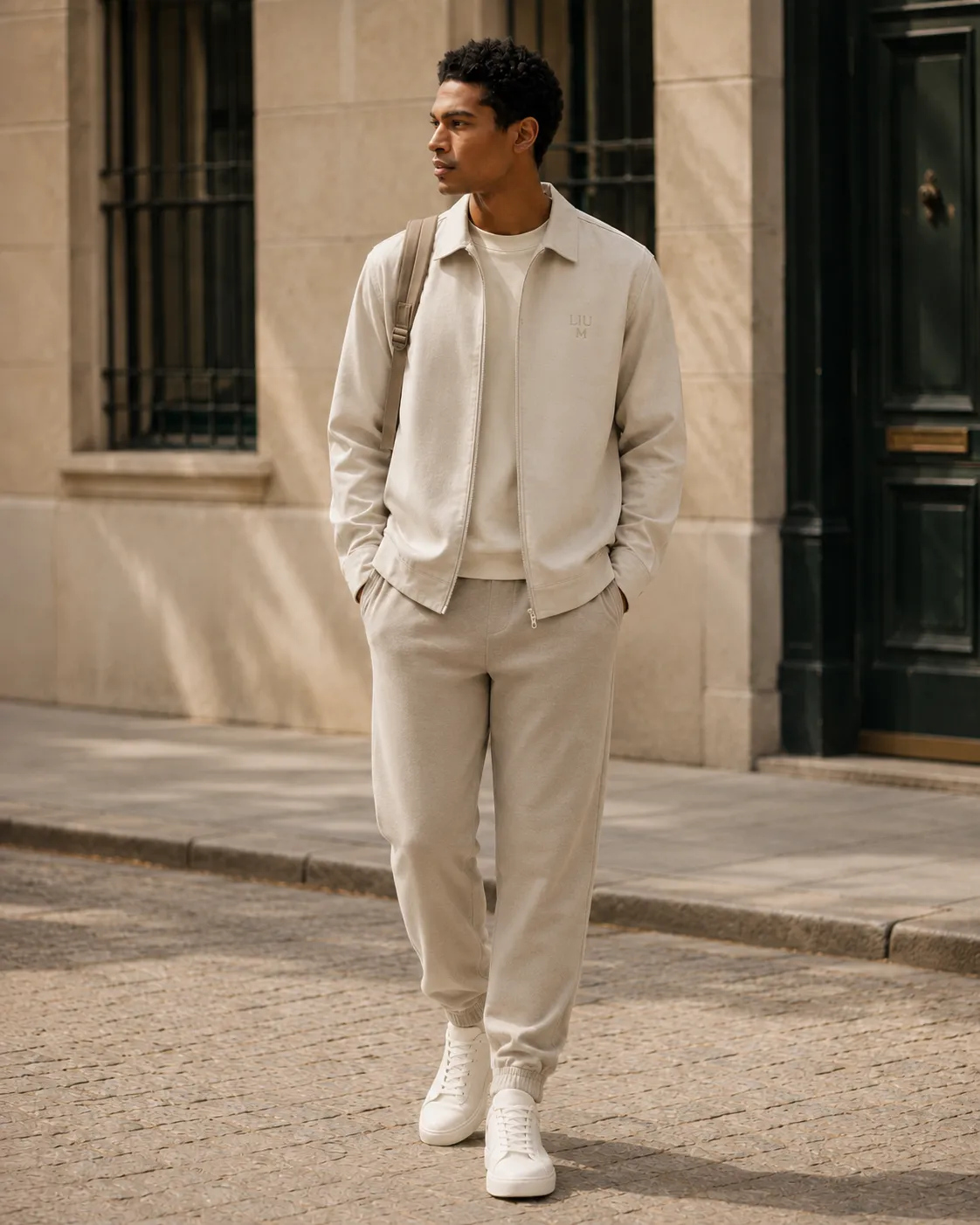 A man in cream LIUM basics walks down a sunny street