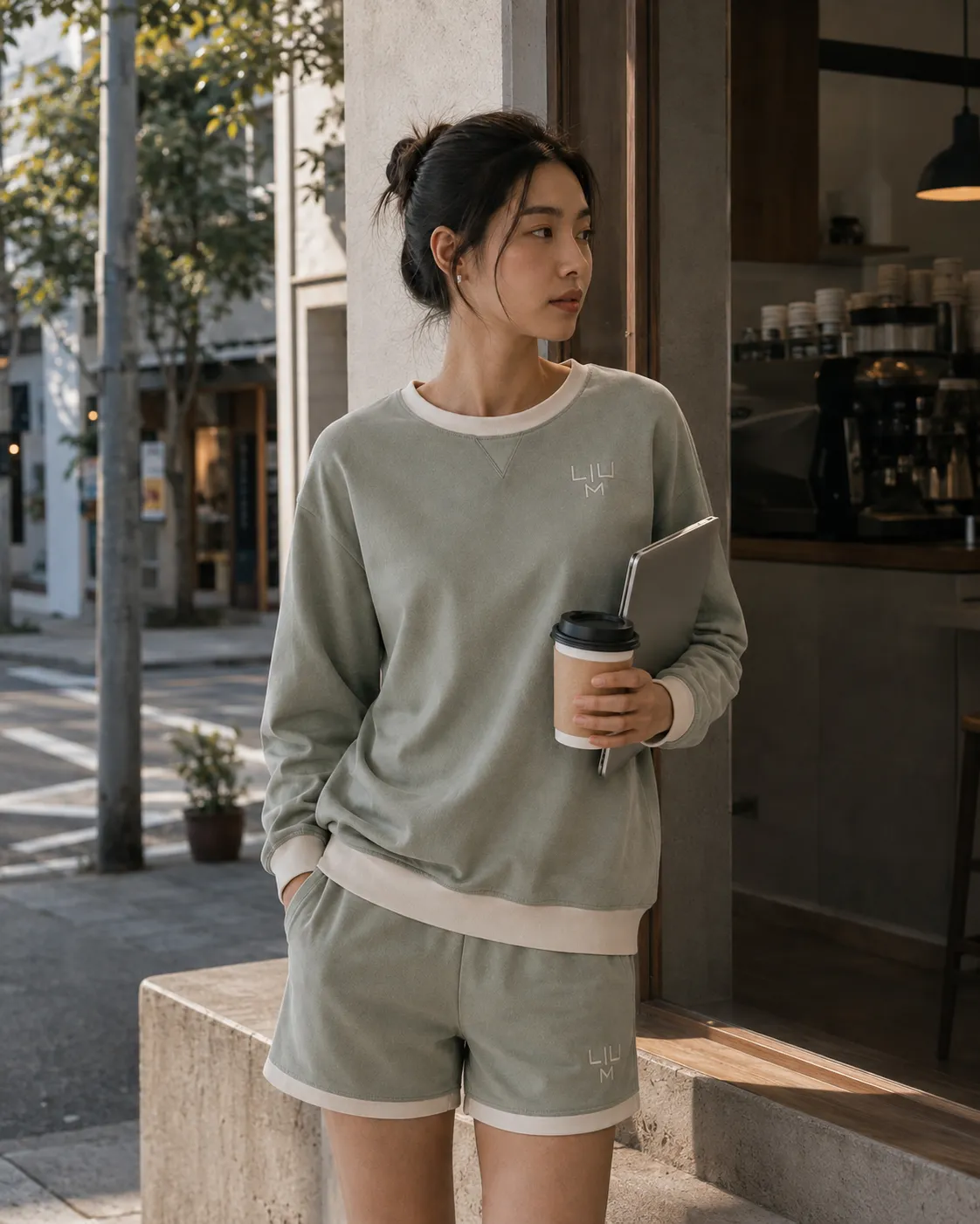 A woman in a sage LIUM sweatshirt holds a coffee outside a café