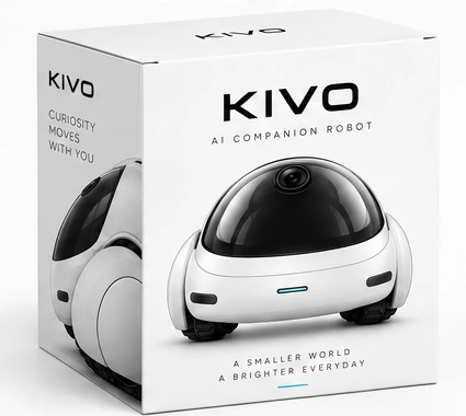 The two KIVO boxes, large and small, with the robot and the fictional tagline on the packaging