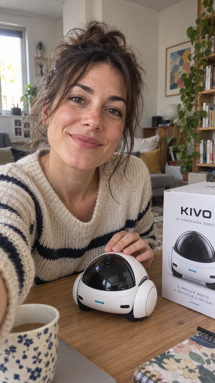 A woman takes a selfie at home with the KIVO robot under her hand and its box beside her
