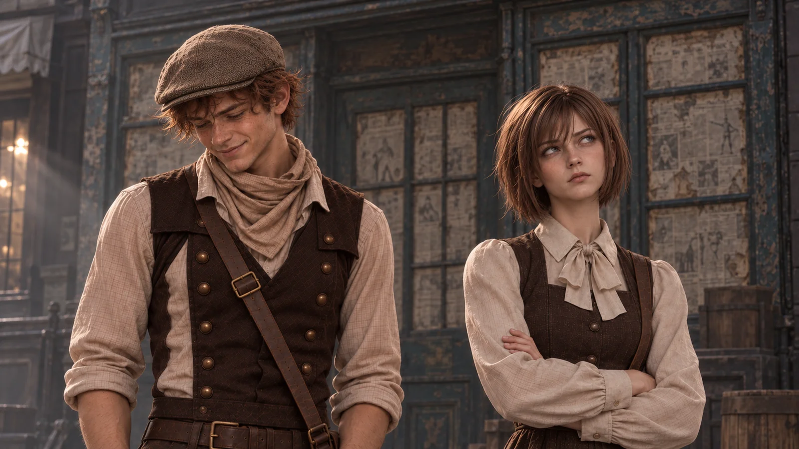 Duncan smiles to himself under his cap while Mina, arms crossed, looks away