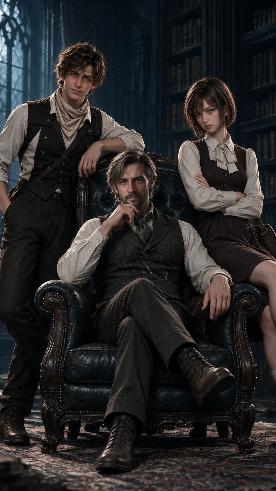 Duncan and Mina pose beside a man seated in a leather armchair, in a dim library