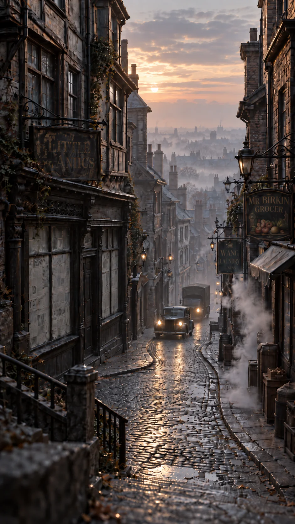 A misty cobbled street at dawn, lined with old shop fronts