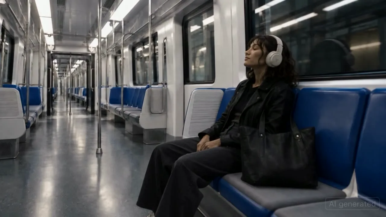 A young woman with white headphones sits alone in a bright metro carriage