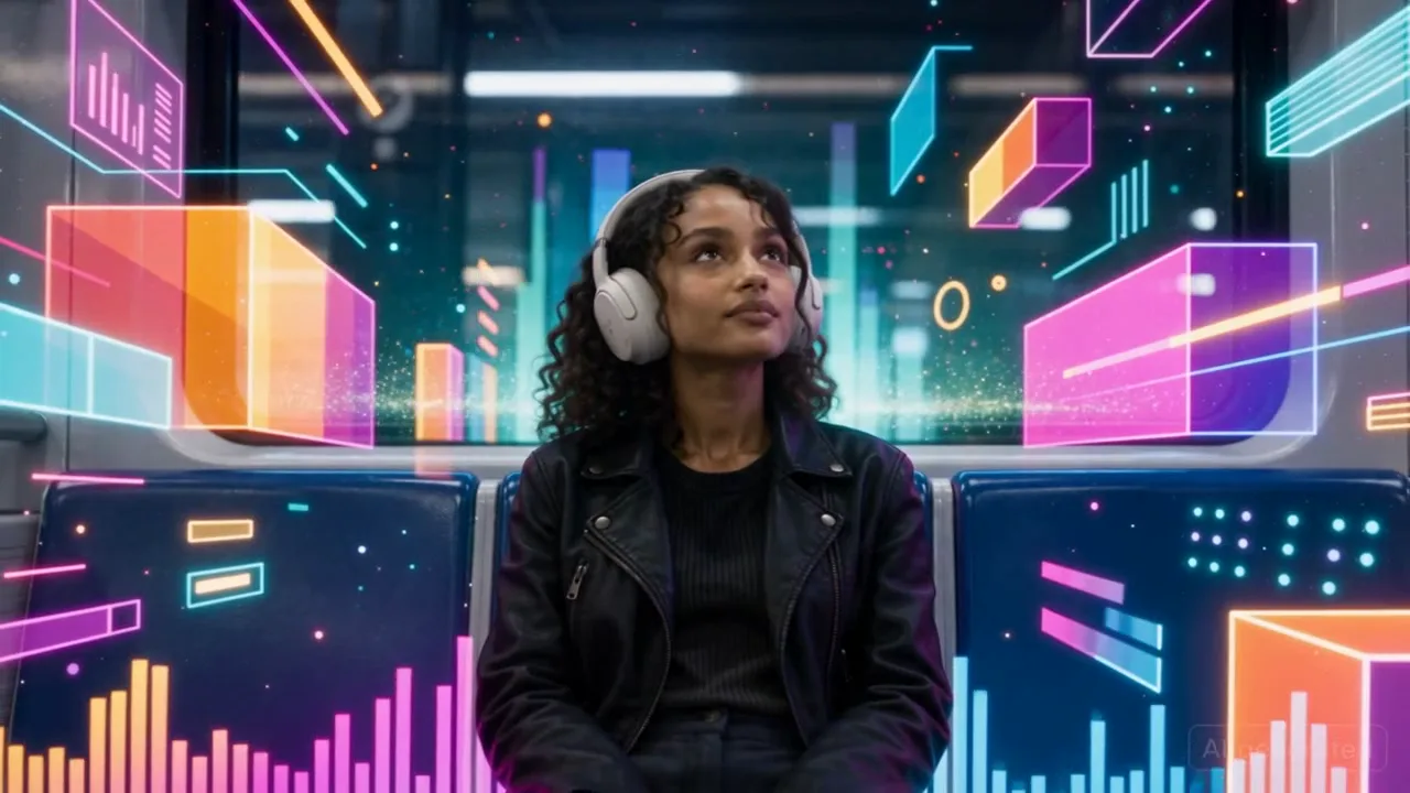Neon shapes and sound bars fill the carriage around her