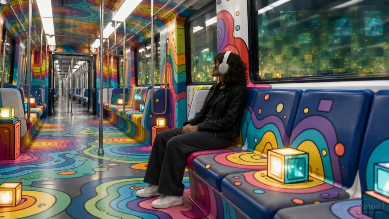 Colourful painted shapes spread across the carriage floor and seats