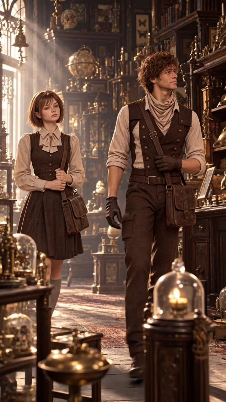 Mina and Duncan walk side by side through an antique shop filled with brass objects and warm light