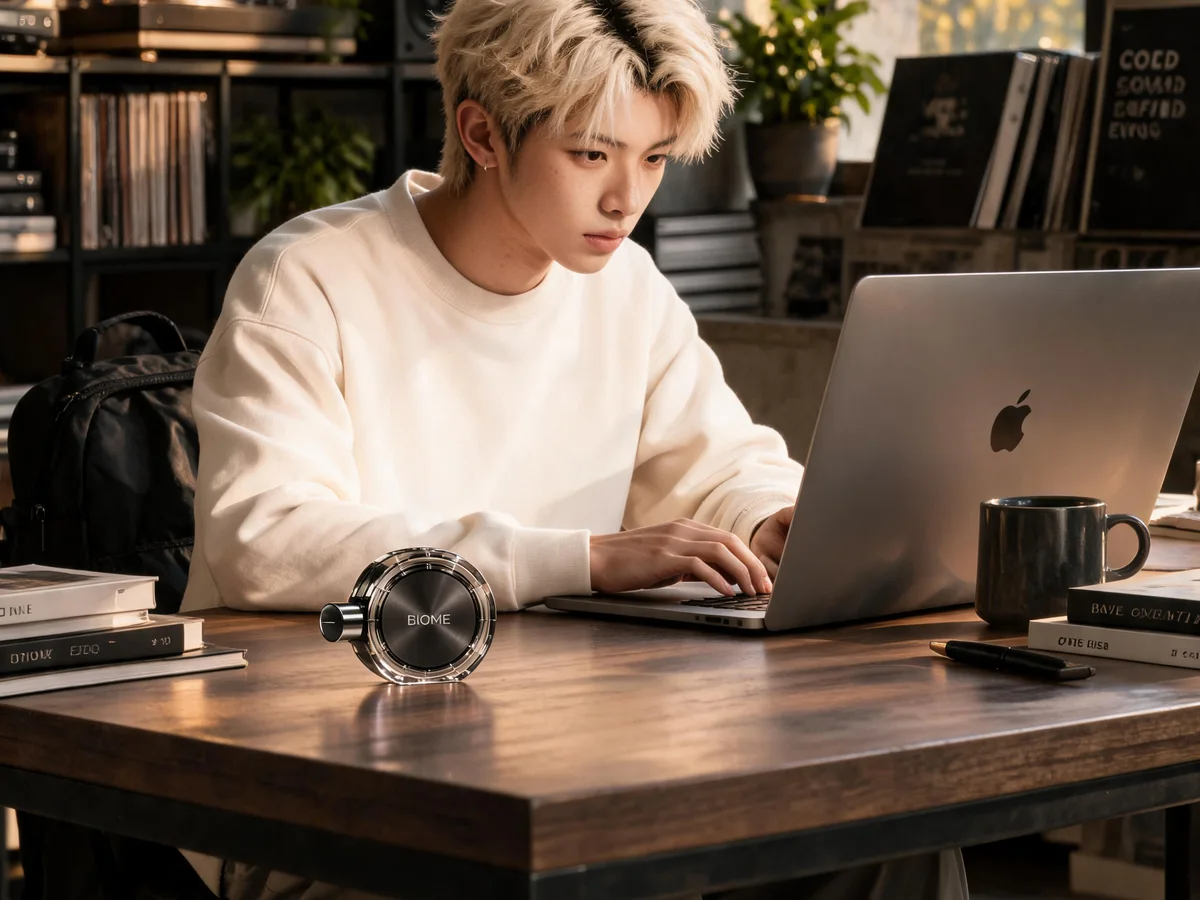 A young man works at a laptop in a bright room, the BIOME fragrance object on the desk beside him