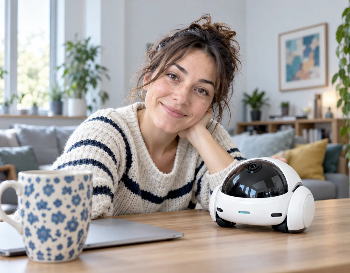 A smiling woman rests her chin on her hand at a kitchen table, the small white KIVO robot beside her
