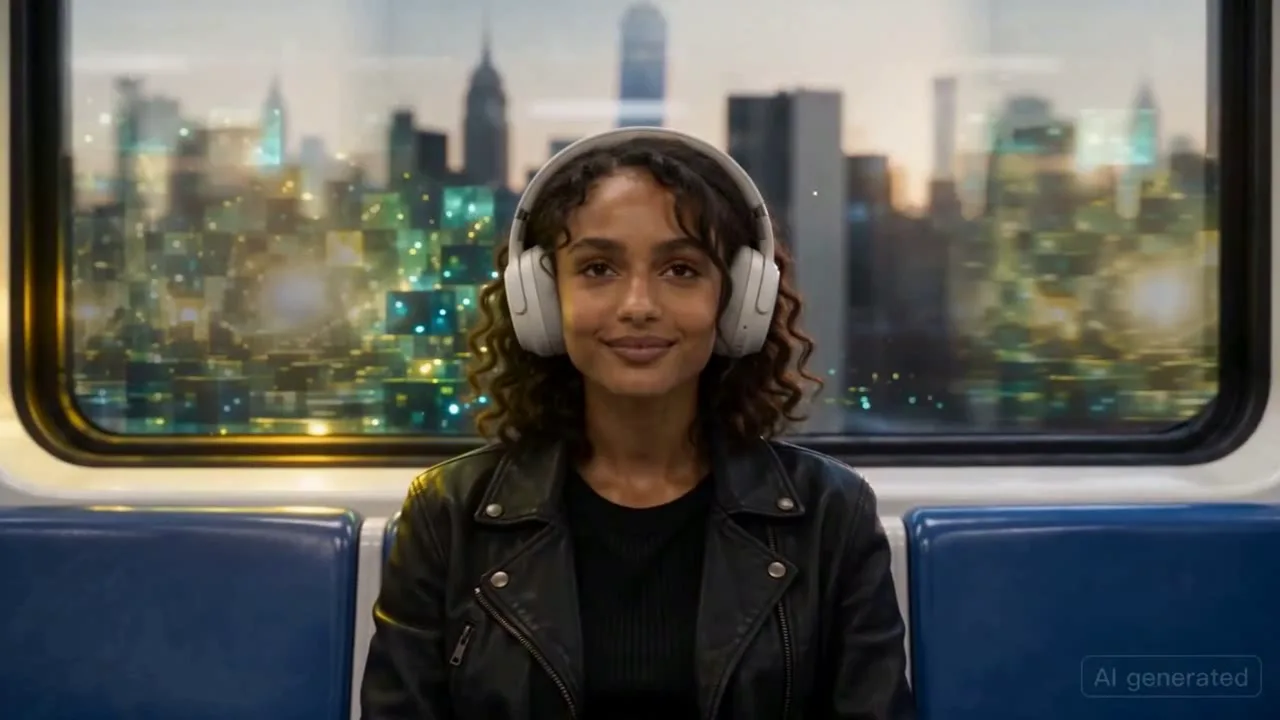 A young woman wearing white headphones sits in the metro, a glowing city sparkling through the window behind her
